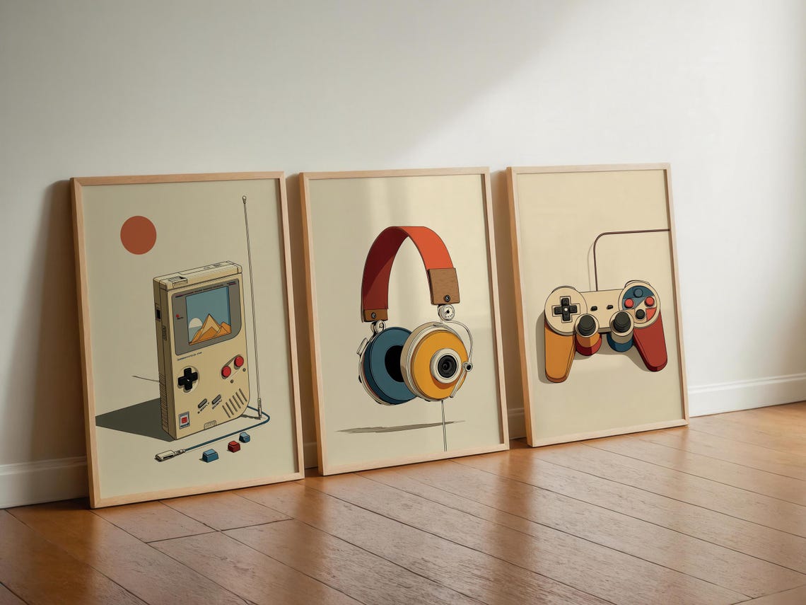 Retro Gaming Wall Art Set of 3, Vintage Game Controller Print ...