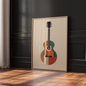Modern Abstract Guitar Art Print, Mid Century Minimalist Colorful Wall Art, Retro Tones, Digital Download for Music Room