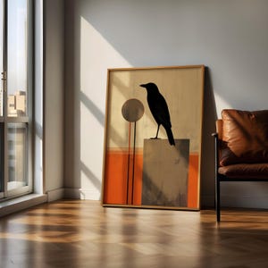 Minimalist Raven Wall Art, Mid Century Modern Bird Print, Boho Neutral Poster, Abstract Crow Artwork, Instant Digital Download