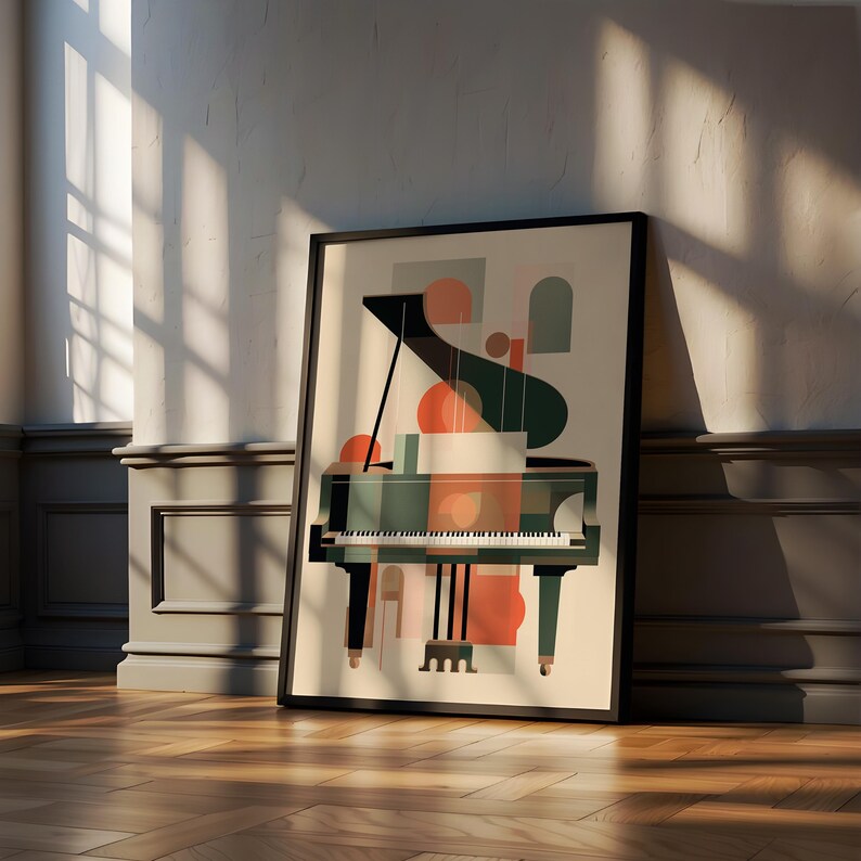 May include: A framed abstract art print featuring a stylized grand piano in shades of green, black, and orange. The piano is surrounded by geometric shapes in various colors.