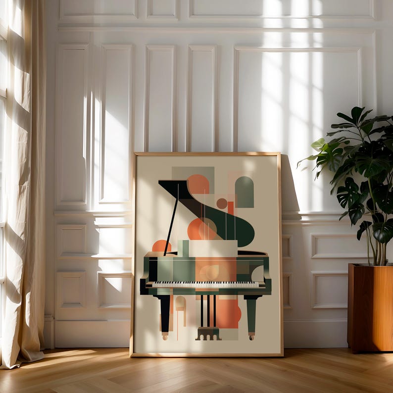 May include: A framed abstract art print featuring a green grand piano with geometric shapes in shades of orange, green, and beige.