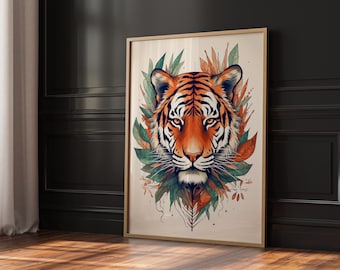 Colorful Tiger Wall Art, Jungle Animal Print, Boho Tiger Illustration, Modern Wildlife Decor, Printable Tiger Poster, Digital Download