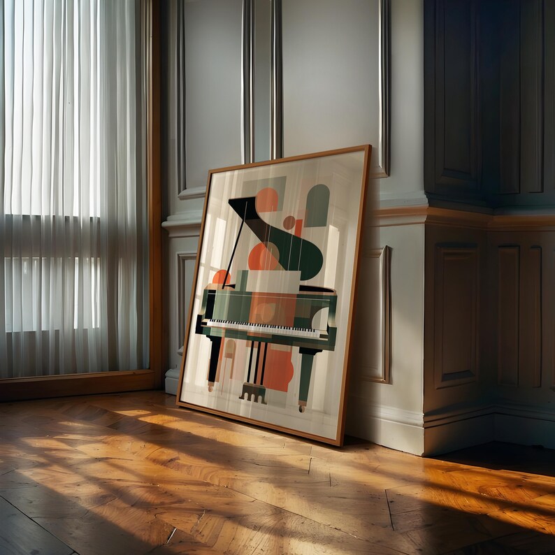 May include: Abstract art print featuring a black and green grand piano with orange and white geometric shapes. The print is framed in a light wood frame.