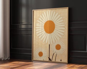 Retro Daisy Flower Wall Art, Yellow Orange Floral Print, Minimalist Digital Download, Boho Bloom Poster, Warm Vintage Botanical Decor