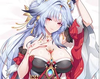 May include: A body pillow cover featuring a double-sided anime-style illustration of a character with long silver hair, fox ears, and a large tail. The character wears a red and black outfit with gold accents. Text reads PLEASE DON'T STEAL OUR DESIGN!