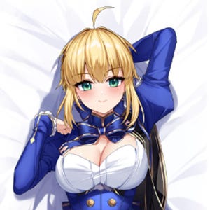 Può includere: Una federa per cuscino corpo con due illustrazioni in stile anime di un personaggio biondo. Il lato sinistro mostra il personaggio in un abito blu e bianco con una spada. Il lato destro mostra il personaggio in camicia bianca e lingerie nera. Testo WAIFU CUDDLES.