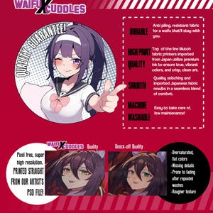 May include: A comparison of two anime-style illustrations of a female character with purple hair. The illustration on the left is labeled "Waifu X Cuddles Quality" and the illustration on the right is labeled "Knock-off Quality". The text below the illustrations describes the differences between the two, such as pixelation, color saturation, and detail.