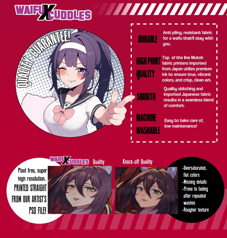 May include: A comparison of two anime-style illustrations of a female character with purple hair. The illustration on the left is labeled "Waifu X Cuddles Quality" and the illustration on the right is labeled "Knock-off Quality". The text below the illustrations describes the differences between the two, such as pixelation, color saturation, and detail.