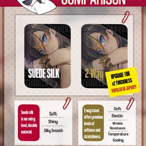 May include: A comparison chart of two different types of pillowcases: Suede Silk and 2-Way. The Suede Silk pillowcase is described as soft, shiny, and silky smooth. The 2-Way pillowcase is described as soft, elastic, wrinkle resistant, temperature cooling, and offers premium levels of softness and stretchiness. The chart also includes a graphic of a cotton pillowcase, a graphic of a person with a 2-Way pillowcase, and a graphic of a person with a Suede Silk pillowcase.