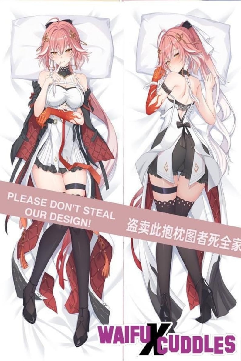 May include: A double-sided body pillow featuring an anime character with pink hair, wearing a white and red outfit. The pillow has the text "PLEASE DON'T STEAL OUR DESIGN!" and "盗复制此抱枕图者死全家" on it. The pillow is labeled "WAIFU X CUDDLES".