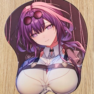 May include: A purple and pink anime-style character with long hair and glasses wearing a white shirt with a brown strap. The character is on a black and white striped background.