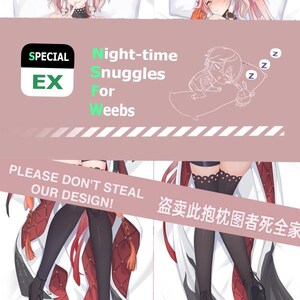 May include: A pink and white anime-style pillowcase featuring a female character with pink hair and a red and white outfit. The pillowcase has the text "SPECIAL EX Night-time Snuggles For Weebs" and "PLEASE DON'T STEAL OUR DESIGN!" printed on it. The pillowcase also has the text "盗卖此抱枕图者死全家" and "WAIFU CUDDLES" printed on it.
