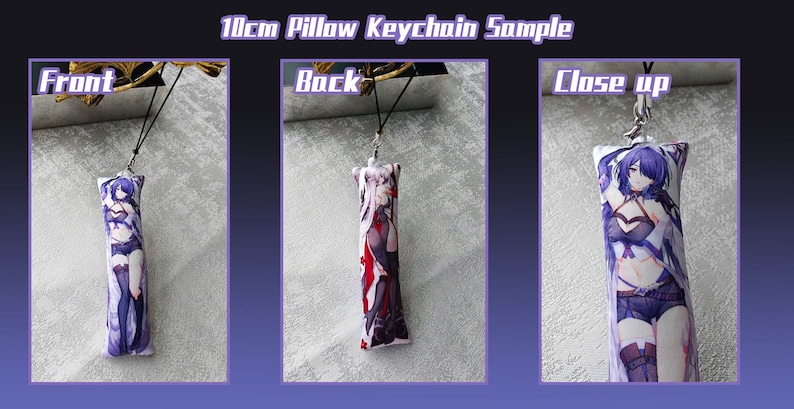 May include: A 10cm long purple and white pillow keychain with a printed image of an anime character. The keychain is hanging from a black cord.