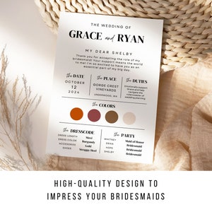 5x7 Bridesmaid Info Card- Canva Template, Proposal Template, Wedding Details Card, Printable Bridesmaid Thank You Card, Bridal Info Card