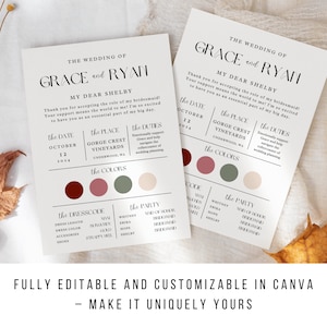 Bridesmaid Info Card 5x7 - Bridesmaid Thank You Card, Fall Wedding Ideas, Fall Wedding Program, Bridesmaid Box, Bridesmaid Proposal Template