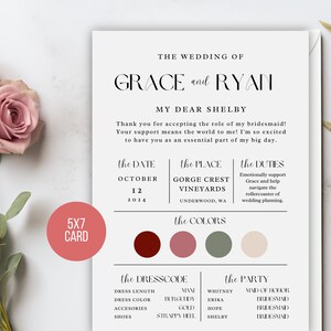 May include: A 5x7 card with a wedding announcement for Grace and Ryan. The card is white with black text and includes details about the wedding date, location, dress code, and party. The card also features a color palette with burgundy, rose, sage green, and cream colors.