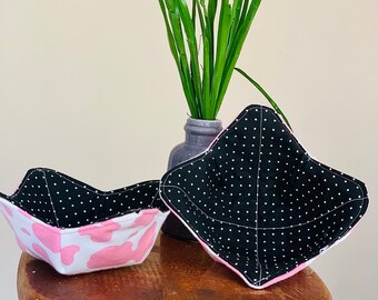 Handmade pink cow print with black polka dots  bowl koozie