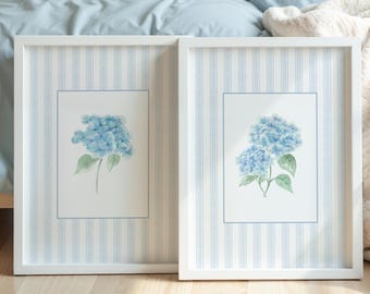 Hydrangea Print Watercolor Blue Floral Wall Art Chinoiserie Printable Coastal Granddaughter Stripes Wall Decor Beachy Art Nantucket Set of 2