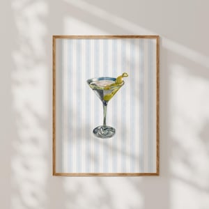 Impression martini verre à martini mural aquarelle cocktail affiche bleu bar chariot art rayure côtière imprimable boisson dortoir décor cuisine impressions