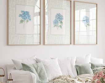 Hydrangea Print Watercolor Blue Floral Wall Art Botanical Wall Decor Chinoiserie Printable Green Coastal Grandmillennial Art Beach Nantucket
