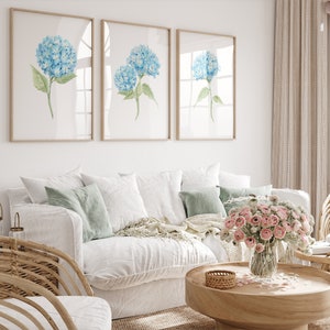 Hortensia print aquarel blauwe bloemen muur kunst botanische muur decor chinoiserie afdrukbare kust kleindochter beachy kunst Nantucket