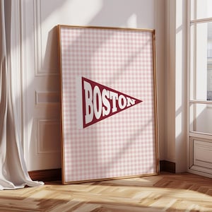 Boston Wall Art Print City Vintage Pennant Flag Wall Decor Boston Art Printable for Office Living Room Bedroom Cute East Coast Printable Red