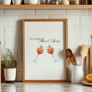 Running On Aperol Spritz Print Signature Cocktail Drink Sign Kitchen Bar Cart Decor Martini Glass Wall Art Minimalist Blue Orange Poster