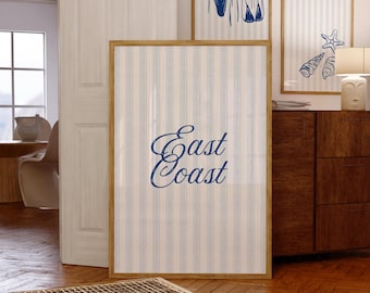 East Coast Print Light Blue Beachy Wall Art Nantucket Printable Preppy Coastal Granddaughter Chinoiserie Wall Decor Striped Oyster Artwork