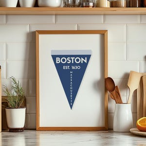 Blue Boston Wall Art Print City Vintage Pennant Flag Wall Decor Printable Boston Art for Office Living Room Bedroom Dorm Trending Popular