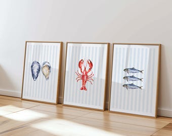 Estampado de ostras, pintura de sardinas, arte mural playero azul, estética de pescador de Nantucket, acuarela imprimible, decoración de pared de Cape Cod, obra de arte de la costa este