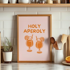 Aperol Spritz Print Holy Aperoly Poster Signature Cocktail Drink Sign Kitchen Bar Cart Decor Martini Glass Wall Art Minimalist Pink Orange