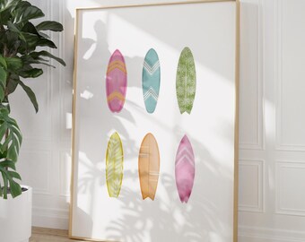 Surfboard Wall Art Watercolor Surf Poster Pastel Beachy Ocean Printable Surf Shop Decor Coastal Dorm Surf Board Hawaiian Tropical Artwork