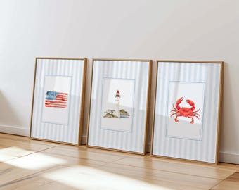 Arte mural playero Nantucket Fisherman Estética Impresiones Costa Nieta Azul Imprimible Acuarela Cape Cod Decoración de Pared Obras de Arte de la Costa Este