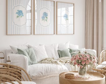 Hydrangea Print Watercolor Blue Floral Wall Art Botanical Stripe Wall Decor Chinoiserie Printable Coastal Granddaughter Beachy Art Nantucket