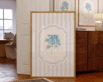 Hydrangea Print Watercolor Blue Floral Wall Art Botanical Stripe Wall Decor Chinoiserie Printable Coastal Granddaughter Beachy Art Nantucket