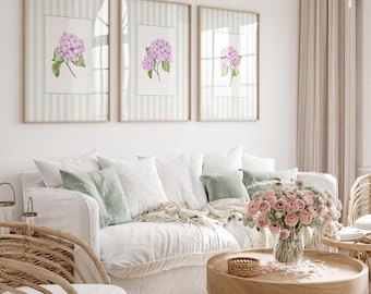 Hydrangea Print Watercolor Blue Floral Wall Art Botanical Stripe Wall Decor Printable Coastal Granddaughter Pink Purple Beachy Art Nantucket