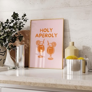 Aperol Spritz Print Holy Aperoly Poster Signature Cocktail Drink Sign Kitchen Bar Cart Decor Martini Glass Wall Art Minimalist Pink Orange