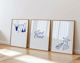 East Coast Print Light Blue Beachy Wall Art Nantucket Printable Preppy Coastal Granddaughter Chinoiserie Wall Decor Striped Oyster Artwork