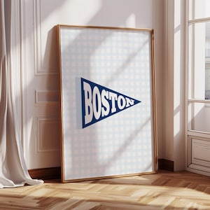 Boston Wall Art Print City Vintage Pennant Flag Wall Decor Boston Art Printable for Office Living Room Bedroom East Coast Printable Blue