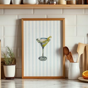 Impression martini verre à martini mural aquarelle cocktail affiche bleu bar chariot art rayure côtière imprimable boisson dortoir décor cuisine impressions