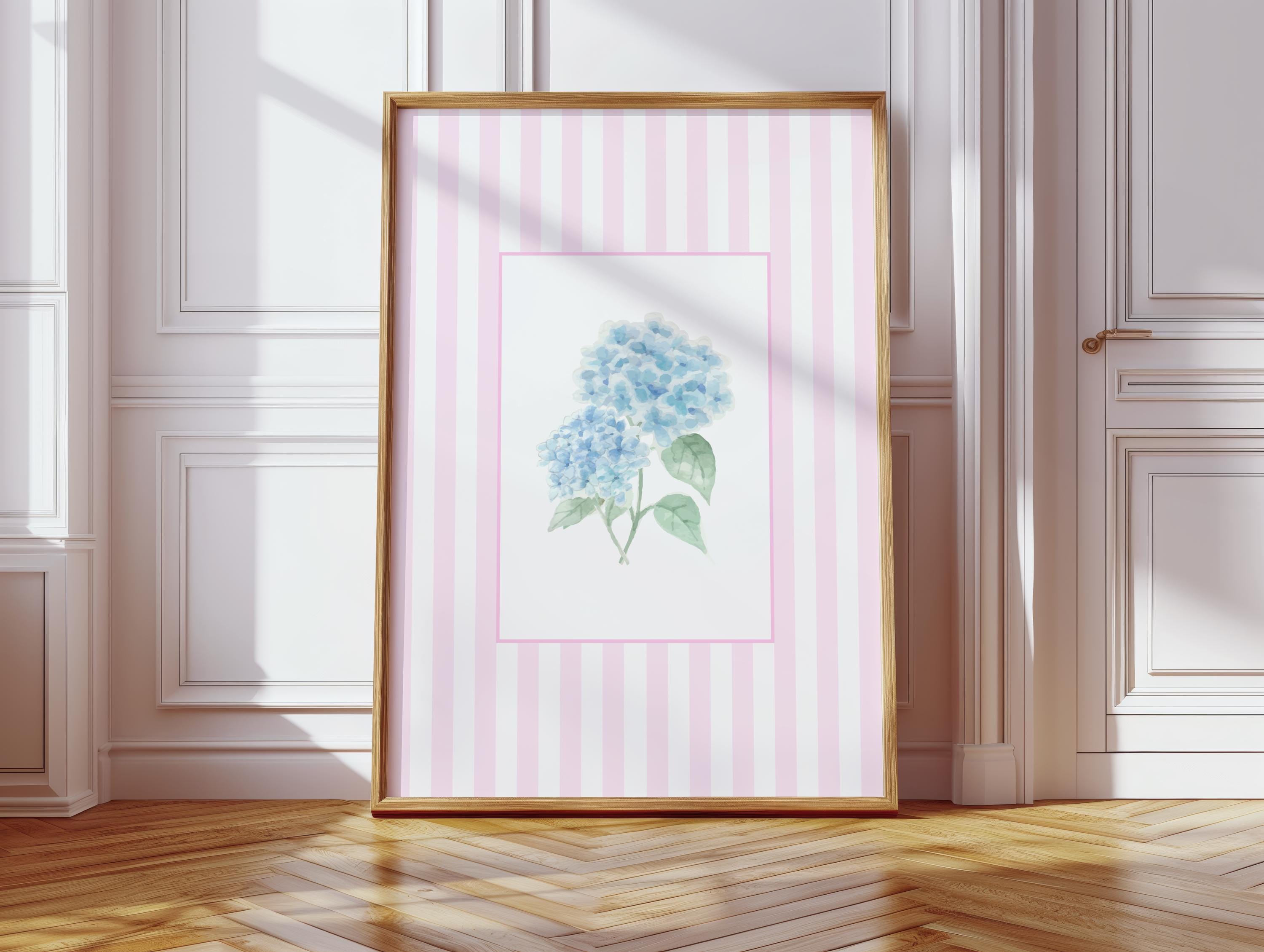 Hydrangea Print Watercolor Blue Floral Wall Art Botanical Pink Stripes ...