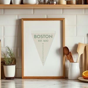 Boston Wall Art Print City Vintage Pennant Flag Wall Decor Sage Green Boston Art Printable for Office Living Room Bedroom Trending Popular