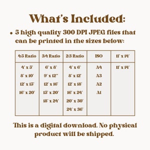 Puede incluir: Un gr&aacute;fico de descarga digital con texto marr&oacute;n sobre un fondo crema. El texto dice "Qu&eacute; est&aacute; incluido" y enumera 5 archivos JPEG de alta calidad imprimibles en varios tama&ntilde;os, incluyendo 10 x 12 cm, 20 x 25 cm y 28 x 35 cm.