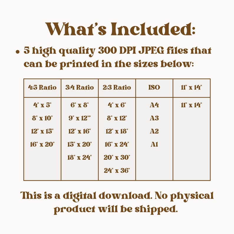 Puede incluir: Un gr&aacute;fico de descarga digital con texto marr&oacute;n sobre un fondo crema. El texto dice "Qu&eacute; est&aacute; incluido" y enumera 5 archivos JPEG de alta calidad imprimibles en varios tama&ntilde;os, incluyendo 10 x 12 cm, 20 x 25 cm y 28 x 35 cm.