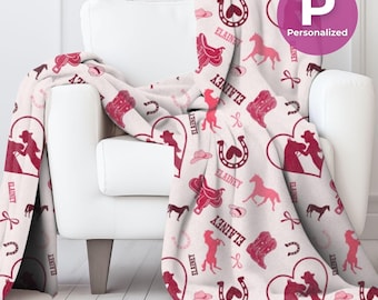 Personalized Cowgirl Plush Fleece Blanket Custom Western Girl Throw Blanket Equestrian Nursery Decor Baby Name Blanket Cuddle Horse Throw