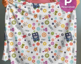 Personalized Robot Plush Fleece Blanket Custom Boy Throw Blanket Futuristic Nursery Decor New Baby Name Announcement Cuddle Throw Blanket
