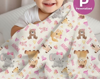 Customized Girl Safari Fleece Blanket Personalized Animal Throw Blanket Custom Velveteen Fleece Plush Girl Animal Nursery Baby Animal Decor