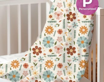 Personalized Retro Flower Plush Fleece Blanket Customized Retro Flower Throw Custom Nursery Decor Blanket Baby Girl Plush Cuddle Throw
