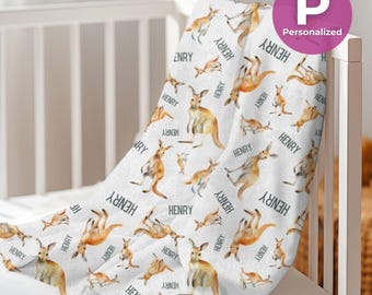Personalized Kangaroo Plush Fleece Blanket Custom Animal Throw Blanket Joey Nursery Decor Baby Name Blanket Cuddle Baby Announcement Throw