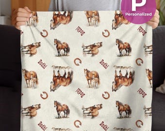 Personalized Horse Plush Fleece Blanket Customized Western Throw Blanket Equestrian Nursey Decor Blanket Baby Name Plush Cuddle Horse Throw